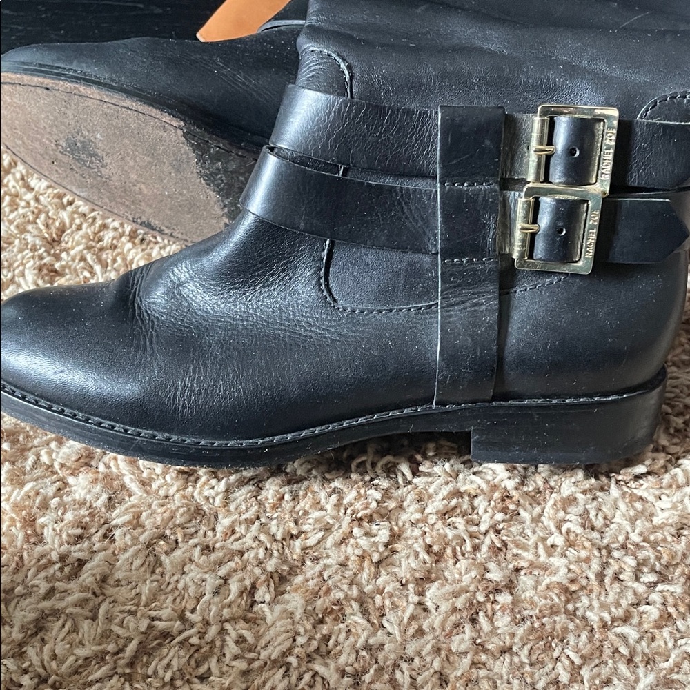 Rachel Zoe Black Leather Riding Buckle Boots with Tan Trim - Picture 9 of 11